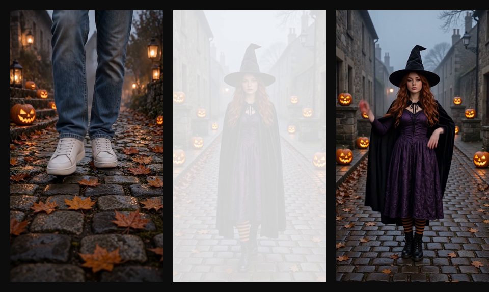 Three-panel Ramalama trend storyboard: legs in jeans and sneakers walking toward a low camera on a pumpkin-lit lane, a white camera flash, then the same person revealed in a witch hat and cape